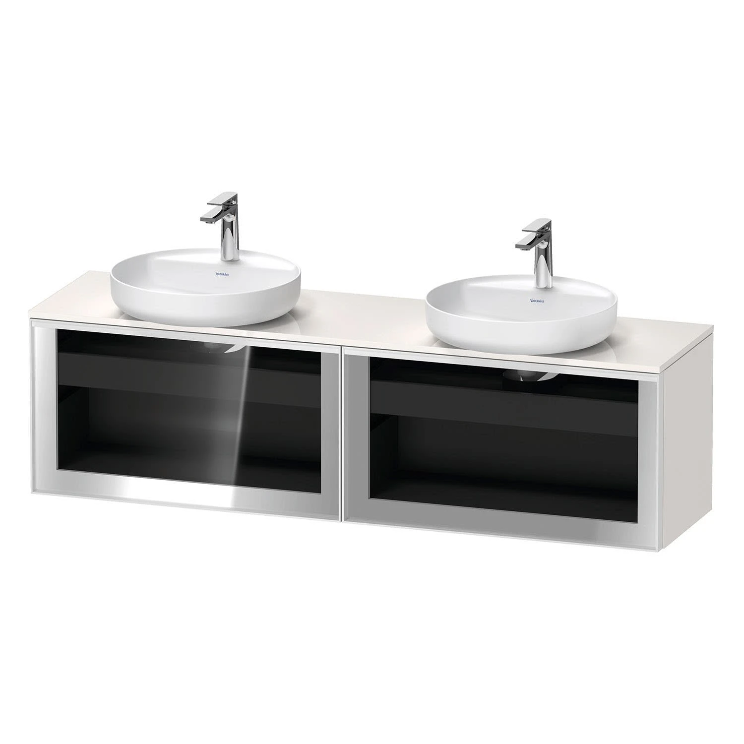 Duravit Vitrium Konsolenwaschtischunterbau Mit Ausschnitt Links Und Rechts 160 X 45,9 Cm, Mit Glasfront, Griff Weiß 3 Duravit Vitrium Konsolenwaschtischunterbau Mit Ausschnitt Links Und Rechts 160 X 45,9 Cm, Mit Glasfront, Griff Weiß