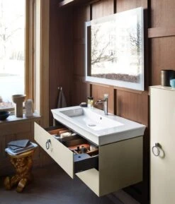 Duravit White Tulip Konsolenwaschtischunterbau Mit Zwei Ausschnitten 160 X 40,8 Cm, 4 Auszüge, Grifflos, Mit Zusatzmodul "J" Und LED-Licht -Duravit Verkaufsgeschäft duravit white tulip badmoebel waschtischunterbauten konsolenwaschtischunterbau 8496040