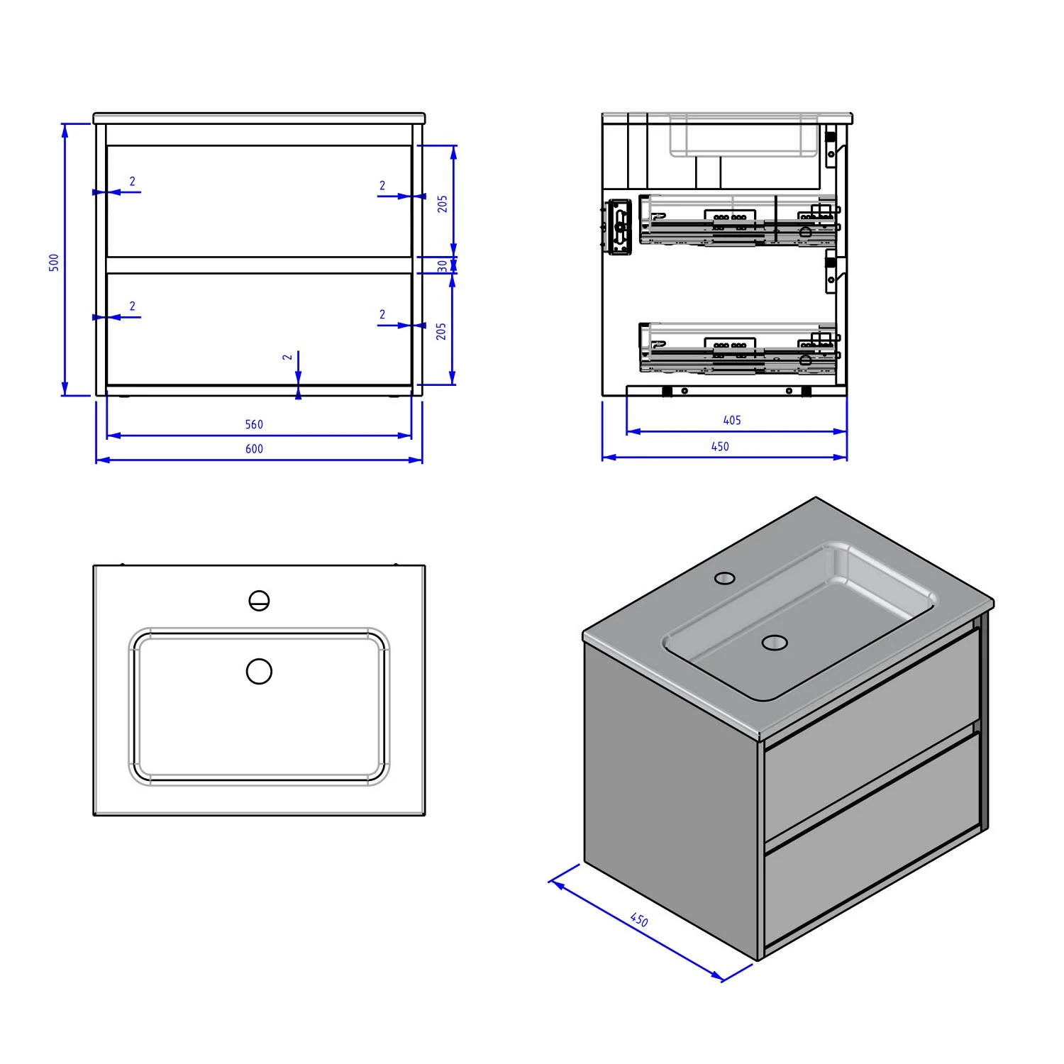 Loft Waschtisch Mit Unterschrank 60 Cm, 2 Auszüge 6 Loft Waschtisch Mit Unterschrank 60 Cm, 2 Auszüge - Image 4