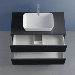 Progettobagno Elba Unterschrank 100 Cm Mit Glasplatte, Hahnlochbohrung Und FLY 56 Aufsatzwaschtisch