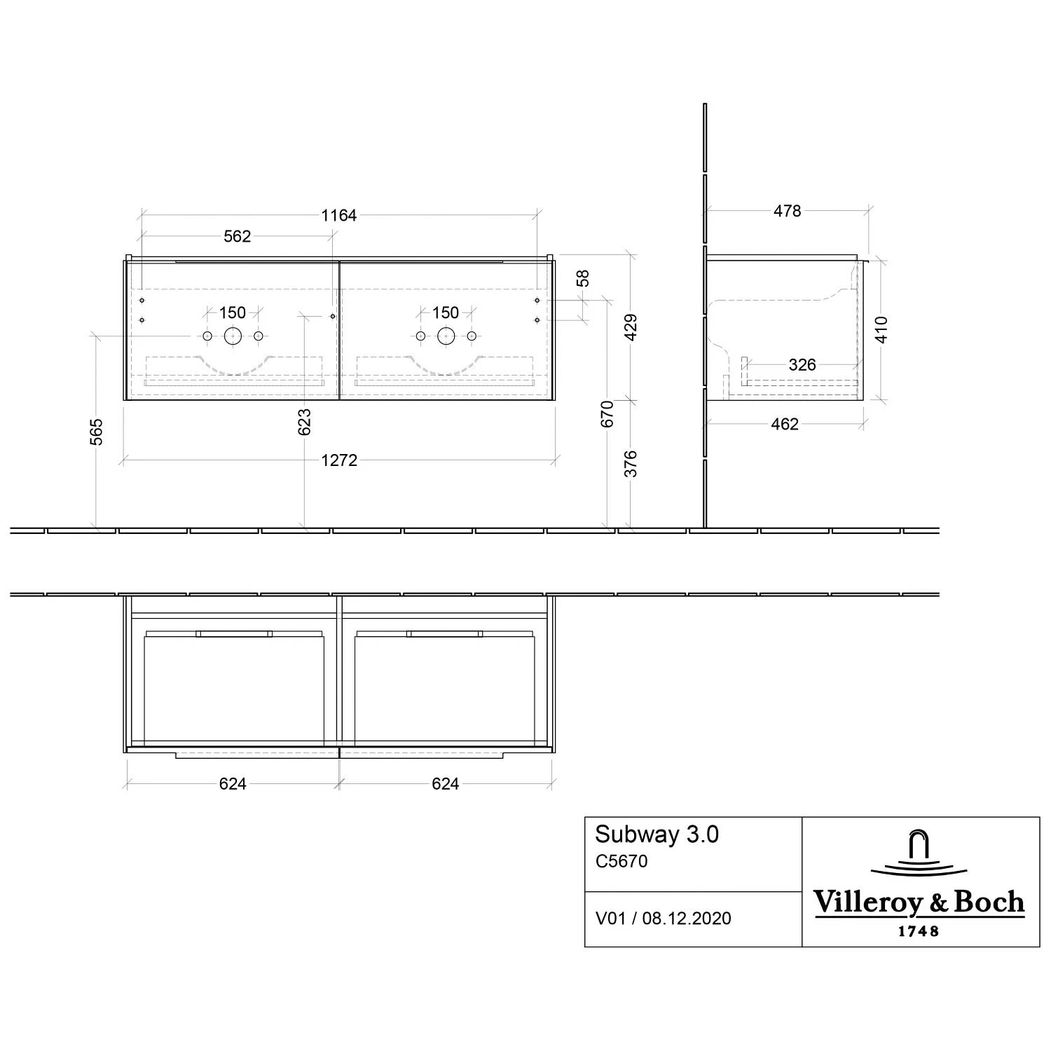 Villeroy & Boch Subway 3.0 Badmöbel-Set 130 Cm, Griff In Möbelfarbe, 2 Auszüge, Doppelwaschtisch 5 Villeroy & Boch Subway 3.0 Badmöbel-Set 130 Cm, Griff In Möbelfarbe, 2 Auszüge, Doppelwaschtisch - Image 3