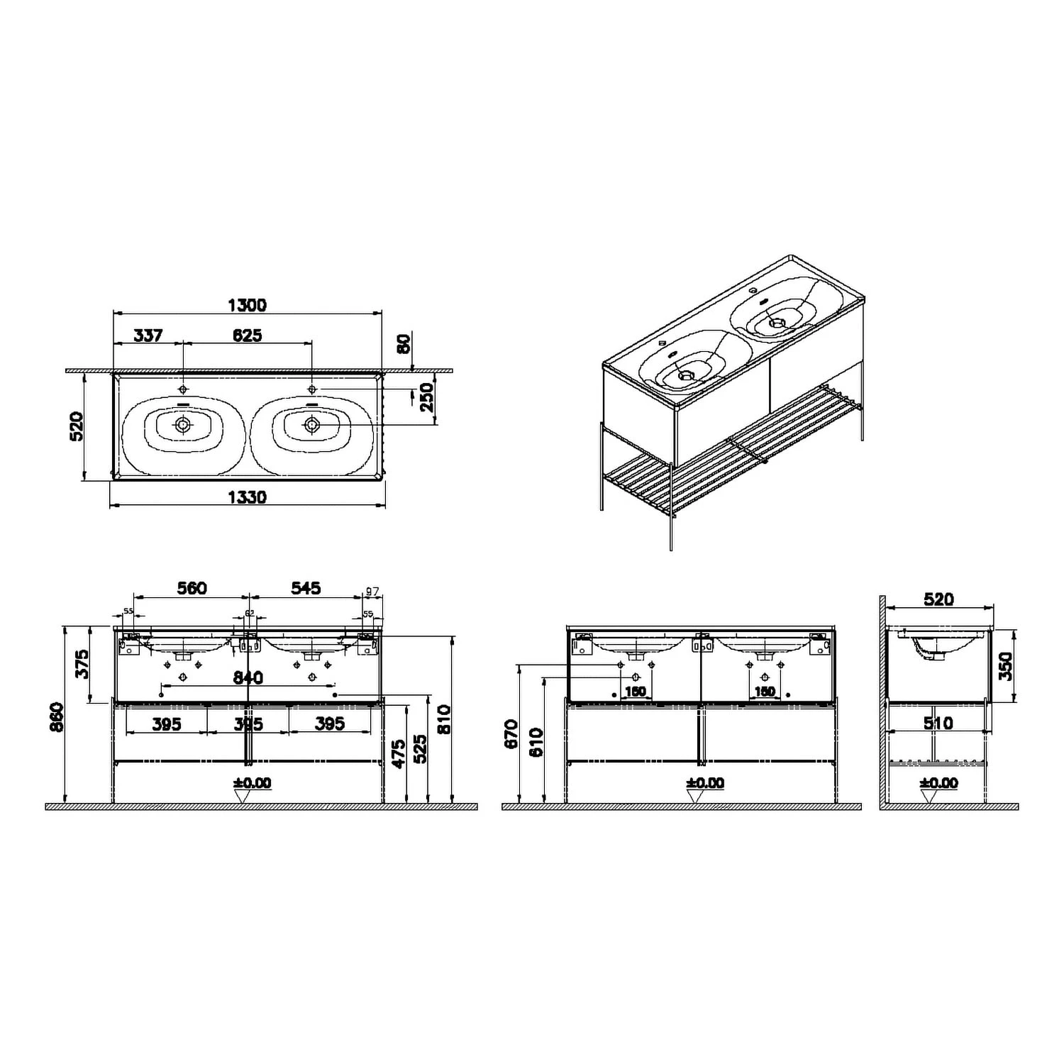 VitrA Equal Set Doppelwaschtisch 133 Cm 2 Auszügen Und Fußgestell 4 VitrA Equal Set Doppelwaschtisch 133 Cm 2 Auszügen Und Fußgestell - Image 2